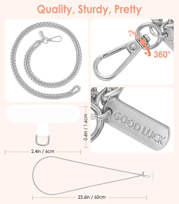 MoKo Universal Phone Lanyard, Metal Cell Phone Chain Crossbody Strap Anti-Theft Detachable Women Cellphone Lanyards Around The Neck with Patches for iPhone, Most Smartphones, Pale Silver