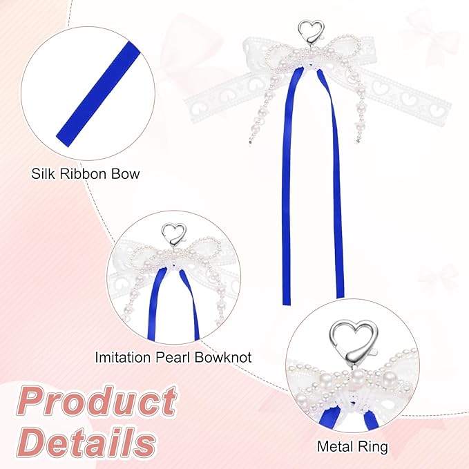 MECCANIXITY Pearl Bow Keychain, Y2k Aesthetic Hollow Heart Bowknot Ribbon Keyring, Cute Bag Charm for Tote Bags Purse Handbag