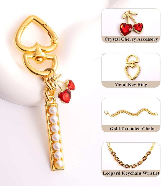 Pearl Initial Keychain with Leopard Bag Charms Wallet Chain Women Cute Alphabet Keychains Charm for Purse Handbag