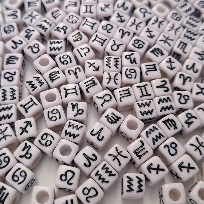 200+ Pieces 7x7mm White Cube Acrylic Alphabet Zodiac Charms Constellation Beads Mixed Plastic Shape Loose Beads for Jewelry Making Bracelets Necklaces Key Chains (Black on White)