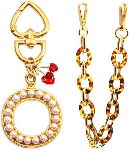 Pearl Initial Keychain with Leopard Bag Charms Wallet Chain Women Cute Alphabet Keychains Charm for Purse Handbag