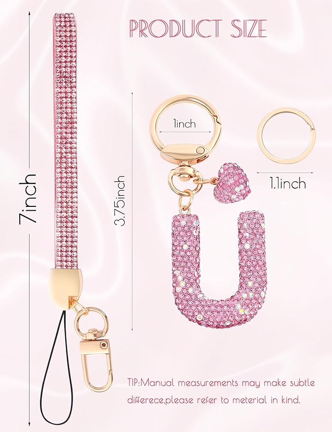 Initial Keychain for Women Girls,Bling Letter Key chain Initial with Heart,Pink Keychain Charms for Backpack Handbag