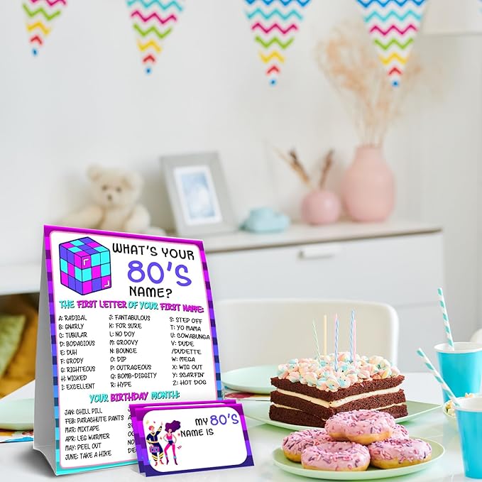 80s Theme Party Decorations, 80'S Theme Birthday Party Sign Decoration for Boys Girls, Kids Activity Cards, What's Your 80'S Name, Activity Decoration Supplies