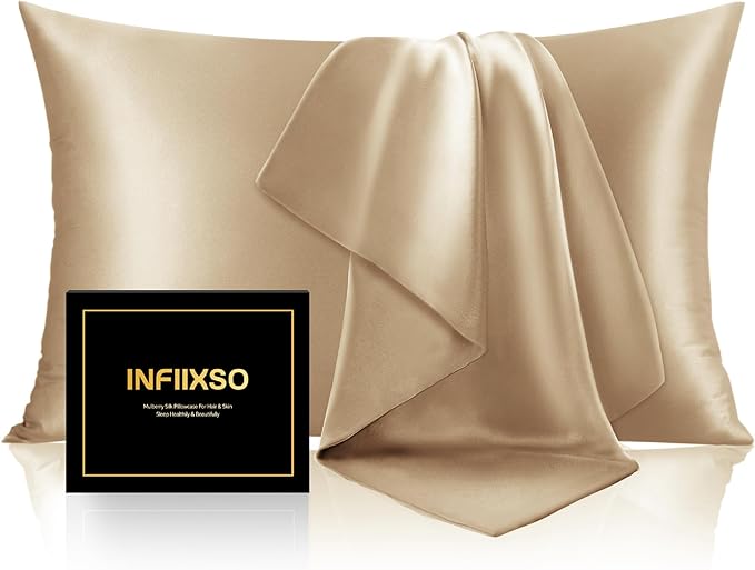 INFIIXSO Mulberry Silk Pillowcase for Hair and Skin, Silk Pillow Cases Standard Size with Hidden Zipper 20x26 Inches, Super Smooth and Soft Cooling Pillow Cases for Hot Sleepers(Champagne, 1 Pack)