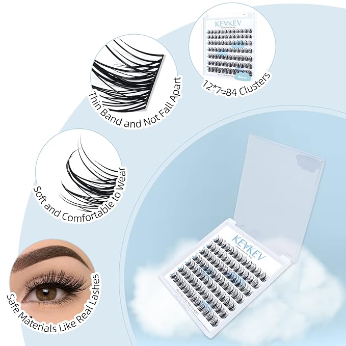 KevKev Lash Clusters 84 Pcs DIY Cluster Eyelash Extensions Individual Lashes Soft & Comfortable (Breeze, C-12mm)