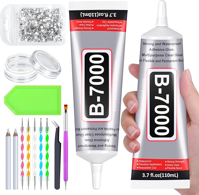 B7000 Glue Clear with Precision Tip, 2Pcs 110mL Jewelry Bead Gem Tac Glue, Bedazzling Adhesive with Silver Rhinestones, Dotting Pen Tool for Jewelry Making Clothe Fabric Shoes DIY Crafts Nail Art