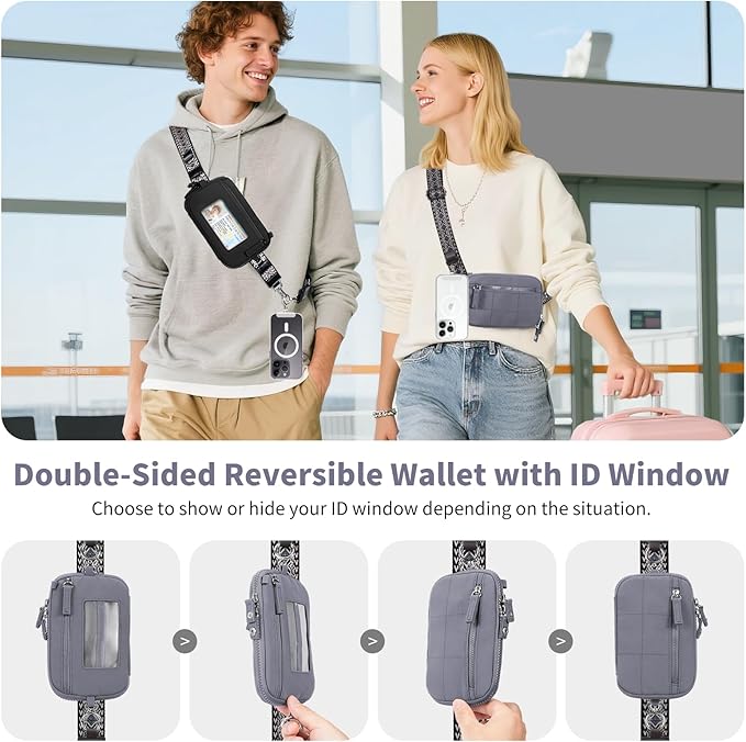 Clip and Go Strap for Phone with Wallet Crossbody Phone Lanyard with Anti-Theft Zipper Pouch Detachable Quilted Wrist Wallet with RFID and ID Window for Daily Travel. Grey