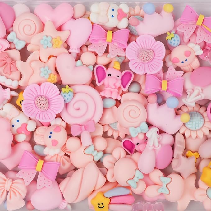 70 Pcs Slime Charms Pink Resin Charms Cute Embellishments Bulk Mixed Ornament Decorations Accessories