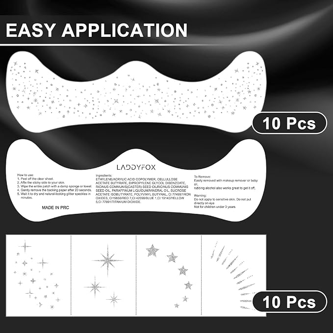20 Pcs Silver Face Makeup Patches, Silver Glitter Freckles Face Tattoo, Easy Application Sparkle Makeup Freckles, Waterproof Glitter Temporary Tattoos for Women