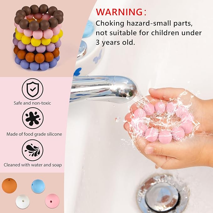 ASTARON 100 Pcs 15mm Silicone Beads for Keychain Making, Light-Pink, Black, White, Pink Leopard Print, Round, Loose Beads for Bracelets, Pens, Crafts Supplies