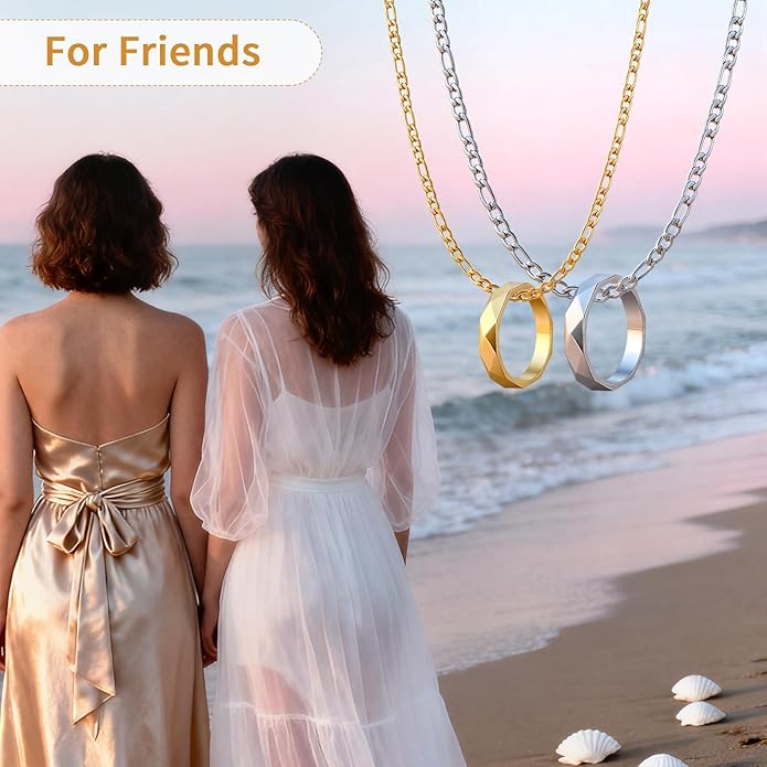 LAOLINTUS Matching Necklace for Couples Necklace Gifts for Women, Valentine’s Day Engagement Gifts for Her, Silver and 18K Gold Plated Figaro Chain for Girlfriend Wife with Double Ring