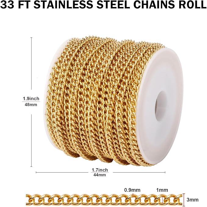 [33 FT] 18K Gold PVD Plated Curb Chains Bulk for Jewelry Making, 3mm 304 Stainless Steel Flat Twisted Links Curb Chains Roll Spool for Jewelry Making DIY Craft