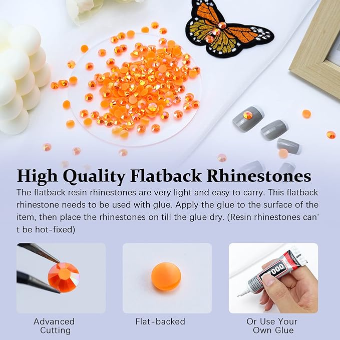 3000PCS Resin Flatback Rhinestone, 2mm 3mm 4mm 5mm 6mm Orange AB Flatback Jelly Resin Rhinestones for Tumblers, Mugs, Bottles, Craft Decoration, Loose Bling Glitter Gem Stone