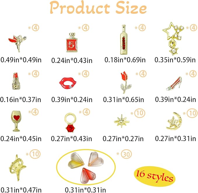 100 Pcs Gold Red Nail Charms Y2K with Lipsticks, Wine Bottles, Wine Cups, Lips, Tulips, Stars, High Heels, Perfume Bottle
