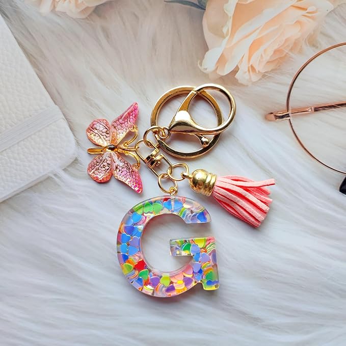Cute Initial Letter Keychains for Women Girls Tassel Butterfly Pink Purple Green Keychain for Backpack School Bag