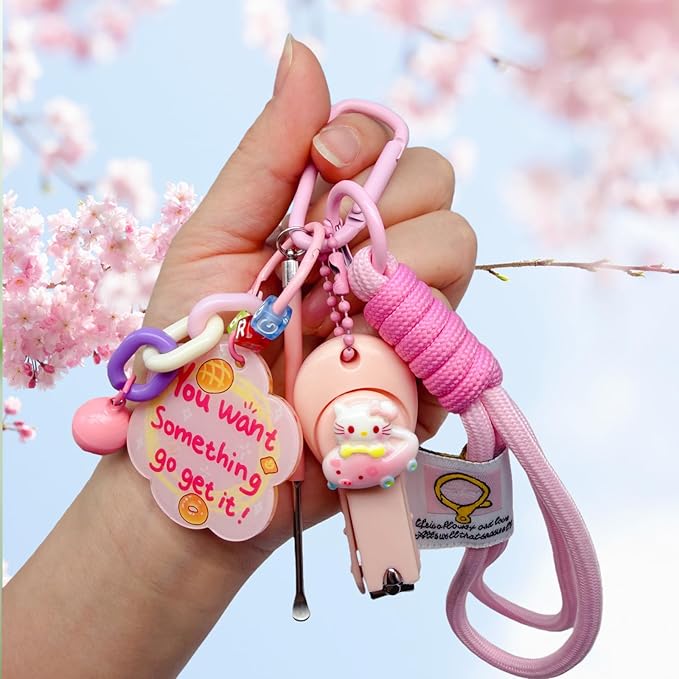 Cute Keychain with Nail Clipper Ear Pick for Women Girls Cute Key Chain Wristlet Cartoon Keychain Lanyard