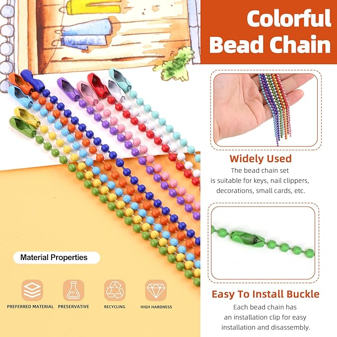 Tanstic 160Pcs Colorful Metal Ball Beads Chain and Flat Key Rings and Lobster Claw Clasps Kit, 4.72” Ball Bead Keychain, 1” Split Key Ring, 1.29” Swivel Lanyards Snap Hooks for DIY Craft
