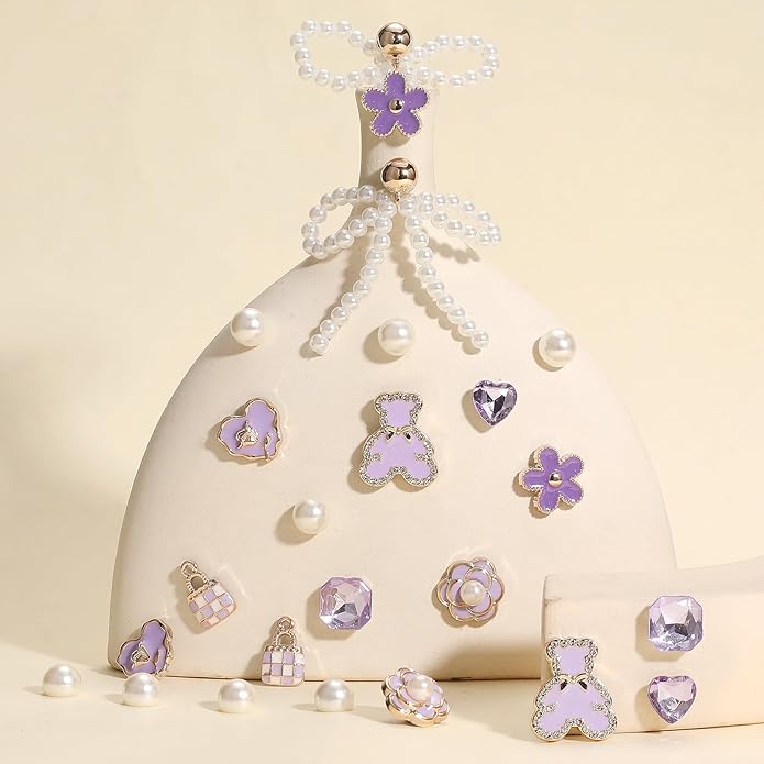 24Pcs Bling Pearl Bow Shoe Charms for Clog Sandals Women, Bear, Flower, Pearl Accessories, DIY Shoe Decoration Charms for Girls