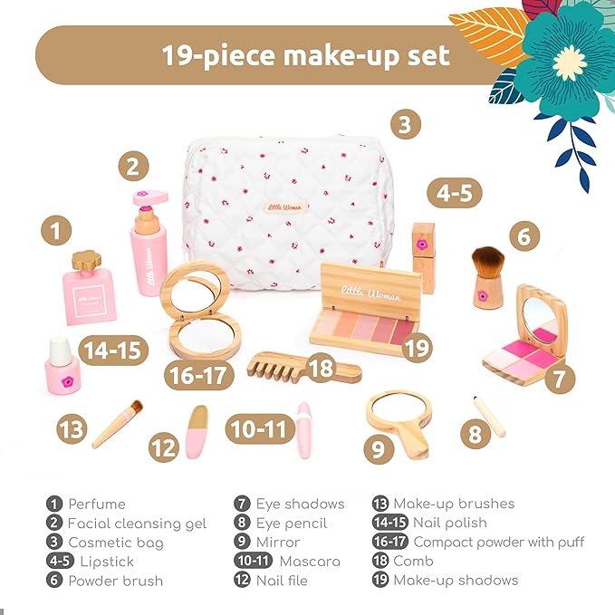 UMU® Wooden Pretend Makeup Kit for Toddlers – Realistic Toy Beauty Set for Girls with Lipstick, Mirror, Perfume, Powder & Cosmetic Bag – Play Makeup for Kids Ages 3 4 5 6