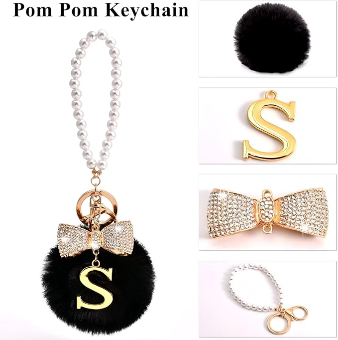 Gold Initial Keychain with Rhinestone Bow & Black Pom Pom, Cute Letter Bag Charm for Women Purse and Car Keys