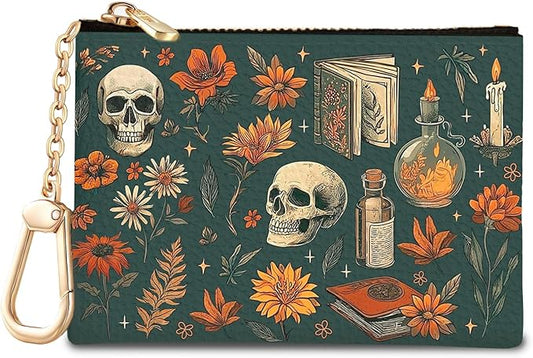 Halloween Goth Skull Keychain Coin Purse for Women, Vintage Gothic Skeleton Flower Book Small PU Leather Change Pouch, Zipper Little Tiny Travel Girls Wallet, Zip Pocket Key Ring Coin Holder