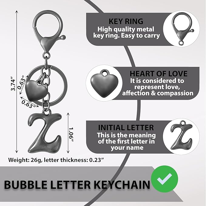 Heart Bubble Letter Keychain for Women, Girls - Cute Keychain with Initial - Alphabet Keychain for Bag Charm, Handbag