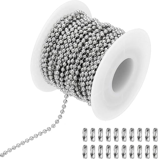 PATIKIL 10m/32.8ft Beaded Ball Chain, 2.4mm Stainless Steel Pull Chain Extension with 20 Pcs Connectors for Tag Chain, Keychain Rings, DIY Crafts, Silver