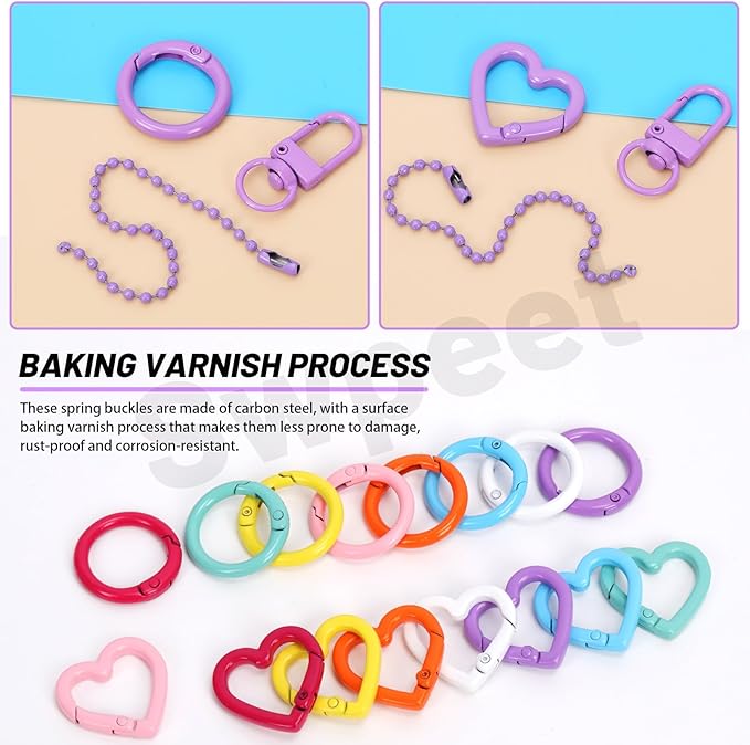 Swpeet 68Pcs 8Colors Swivel Lobster Claw Clasps with Heart Shaped Keychain Clips, Open Jump Rings and Ball Chains Assortment Kit, Metal Carabiner Keychain Clip for Connecting and DIY Craft Making