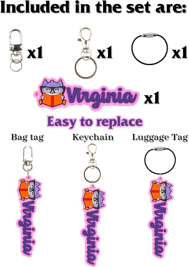 Custom PVC Name Tag, Personalized Keychain, Luggage Tags, Bag Tags for Kids Girls Boys Men Women, Customized Name Keychain, Water Bottle Keychain Tags, Bag Tags, Cute Gifts (Owl)