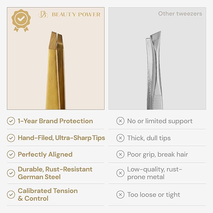 Beauty Power Ultra-Precision Professional Slant Tweezers for Women Facial Hair - German Stainless Steel, Lightweight Black Tweezers for Women & Men, Ideal for Eyebrow & Facial Grooming (Matte Gold)