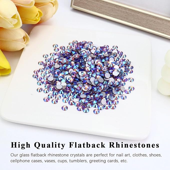 Flatback Crystal Rhinestones Round Gems for Nail Art and Craft Clothes Glue Fix, Light Purple AB (3.8-4.0mm) SS16/1440PCS