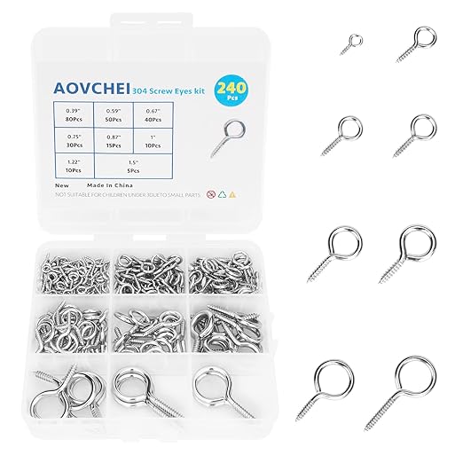 Aovchei Screw Eyes Set, 240PCS 0.39" 0.59" 0.67" 0.75" 0.87" 1" 1.22" 1.5" 304 Stainless Steel Eye Screws, Eye Hooks Screw Eye Bolts Eye Hooks Screw, Indoor & Outdoor