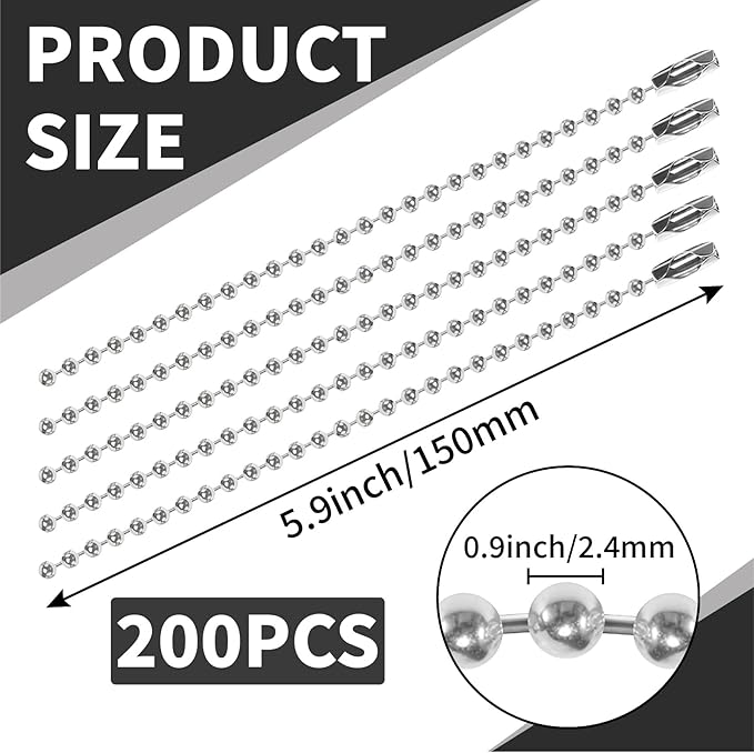 Ball Chains Dog tag Chain - 200 Pcs Ball Bead Chains Connector Clasp 5.9 Inch Long 2.4mm Silver Metal Beaded Chain Bulk for Jewelry Making Keychains Crafts DIY Hanging Decoration