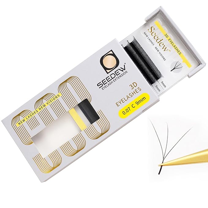 SEEDEW 3D Lash Extensions, 0.07mm C Curl 9mm 12 Rows/Tray, W Shape Flat Stem, Korean PBT Soft Natural False Eyelashes Grafting for Beginner Artist, Lash Tech, Beauty Salon(3D-Matte Black-0.07-C-9mm)