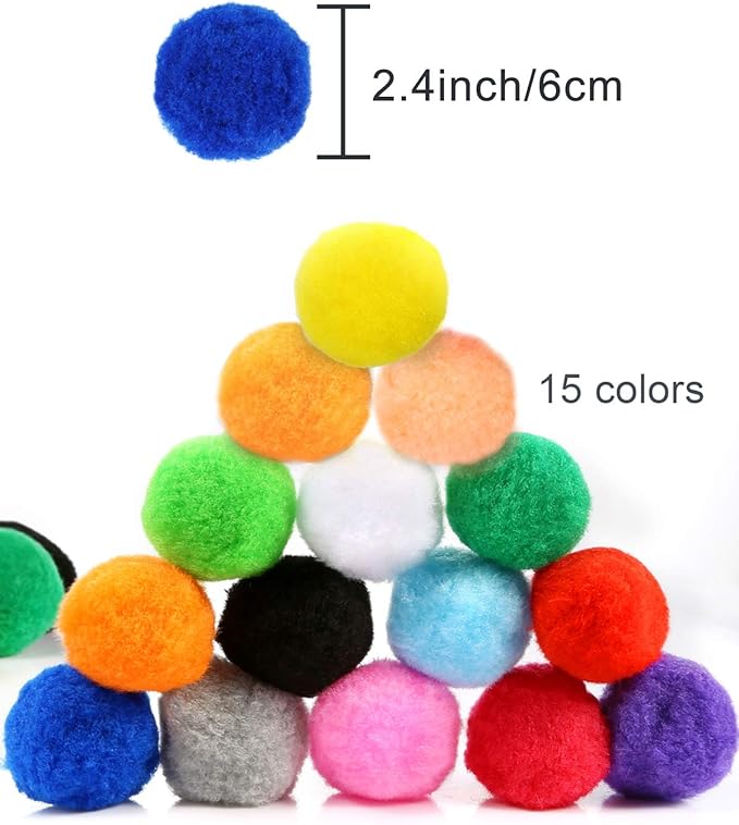 Pllieay 30pcs 15 Colors 2.4 Inch Very Large Assorted Pom Poms Arts and Crafts for DIY Creative Crafts Decorations, Water Balloons Outdoor Water Toys
