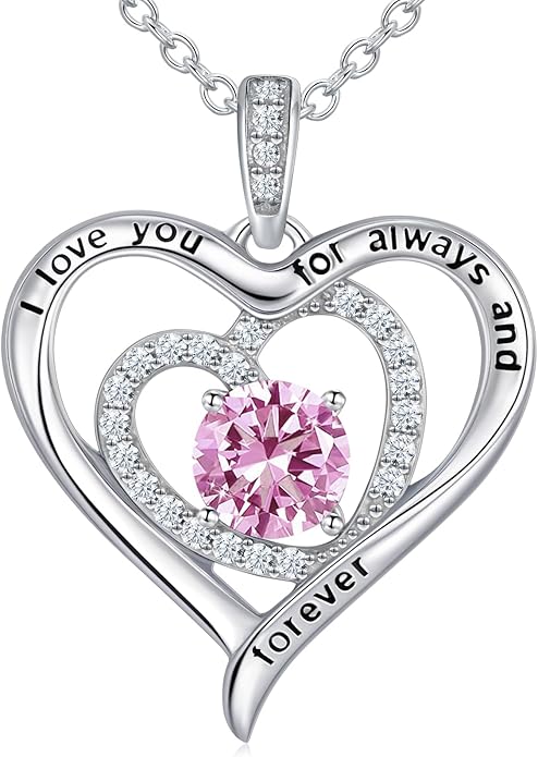 S925 Sterling Silver Necklace for Women, Valentines Day Gifts for Her, Love Heart Birthstone Necklaces for Women, Wife Jewelry, Mom Birthday Valentines Mothers Day Gifts, Girlfriend Necklaces, Daughter Heart Jewel, Anniversary for Her