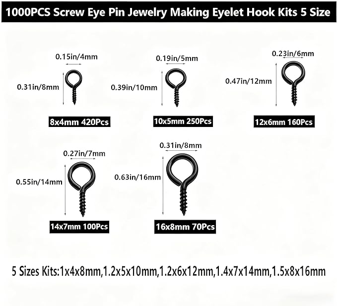 Black 1000 Pcs Small Screw Eye Pins Jewelry Making Eyelets Hook Kits for Craft 5 Sizes (4x8mm,5x10mm,6x12mm,7x14mm,8x16mm)