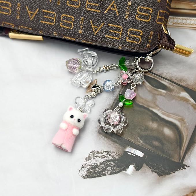 Cute Cat Keychain, Y2K Heart Bow Pendant, Kawaii Cat Bag Charm