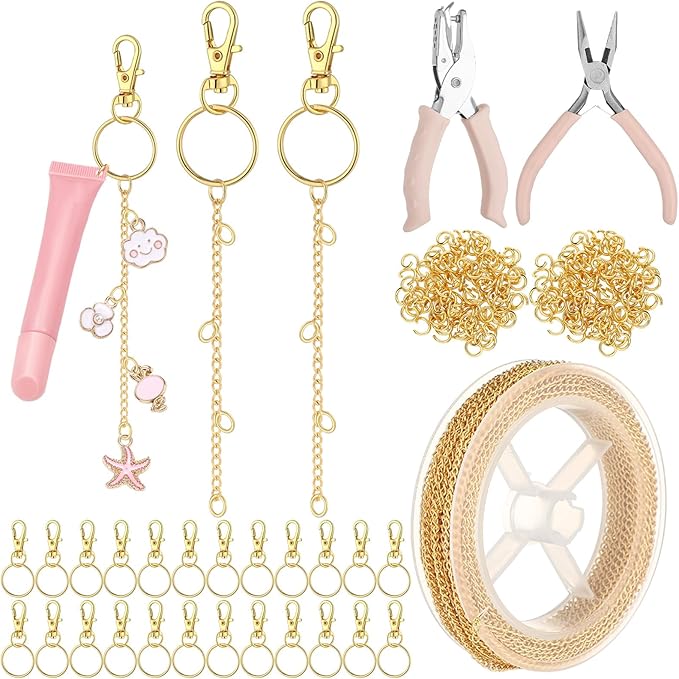VioraWhite 227 Pcs Christmas Lip Gloss Keychain Making Kit Bulk 24 Keychain Clips with Lobster Claw Clasps 200 Jump Ring Chain Plier Hole Puncher for DIY Lip Gloss Crafts Supplies(Gold)