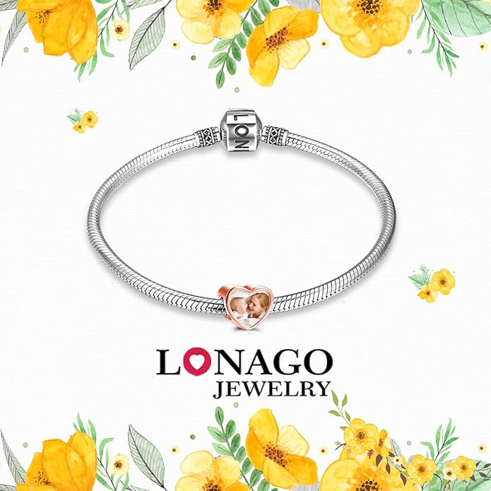 LONAGO 925 Sterling Silver Personalized Photo Charm Fit Compatible for Bracelet Necklace Customized Heart Round Shape Picture Bead
