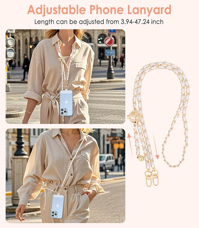 MoKo Universal Phone Lanyard, Adjustable Metal Cell Phone Chain Crossbody Strap Anti-Theft Detachable Women Cellphone Lanyards Around the Neck with Patches for iPhone, Most Smartphones, White