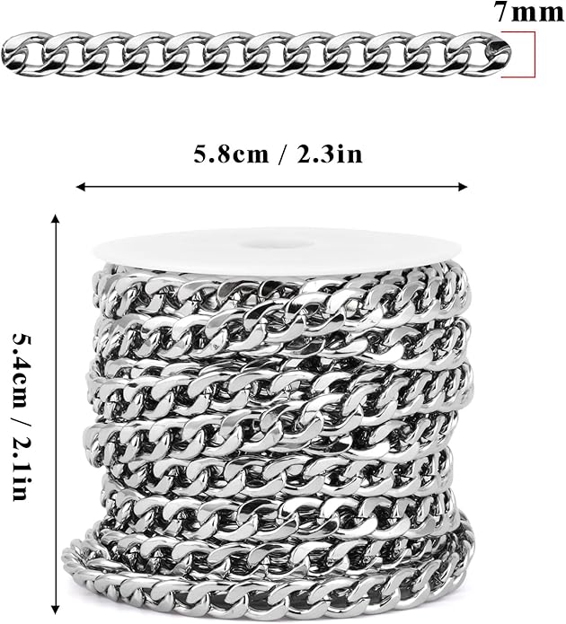 16.5 Ft Stainless Steel Curb Chains, 5mm 6mm 7mm 9mm Cuban Chain Roll Bulk for Jewelry Making