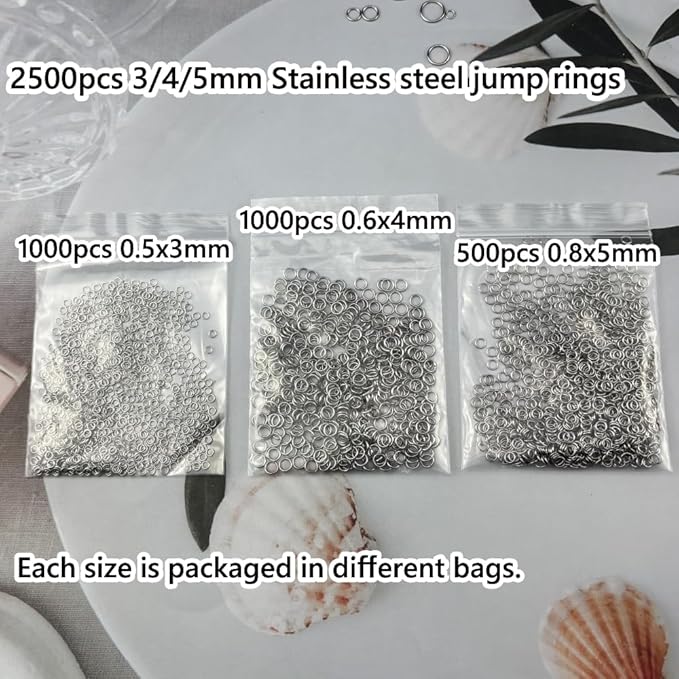 2500pcs 3mm 4mm 5mm Stainless Steel Jump Rings Connector Rings for DIY Craft Jewelry Making Necklaces Bracelet Earrings Keychains