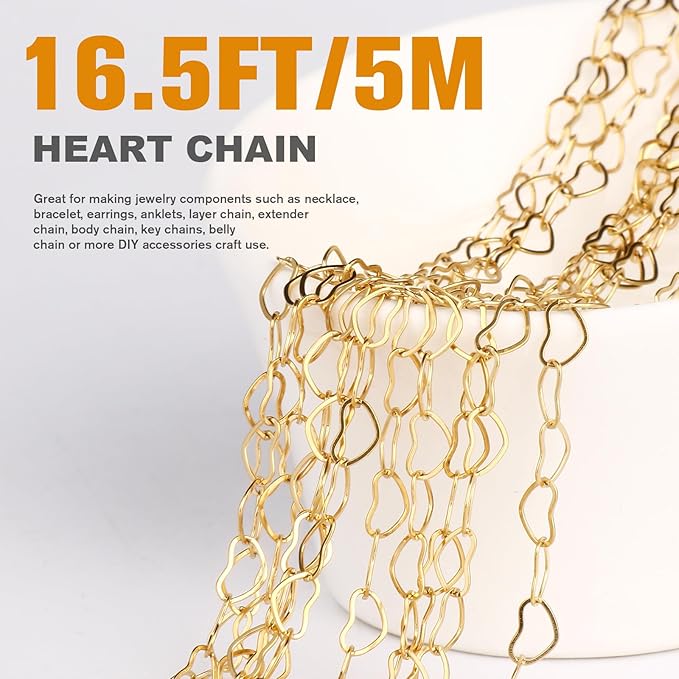 16.5FT Gold Heart Chains Roll, 3.5mm 18K Gold PVD Plated Stainless Steel Heart Link Chain Spool Bulk for Jewelry Making Necklace Bracelet