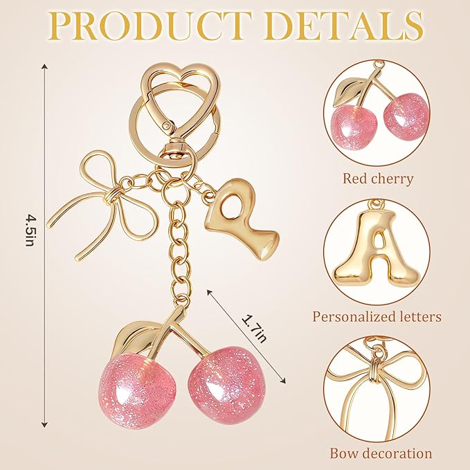 Snycler Bubble Initial Keychain with Cherry & Bow - Gold Letter Bag Charms for Women, Cute Purse Handbag Accessories