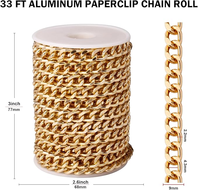 [33ft] Gold Chain for Jewelry Making, 8.3mm Wide Gold Aluminum Curb Link Chain Roll Bulk for DIY Jewelry Making Craft