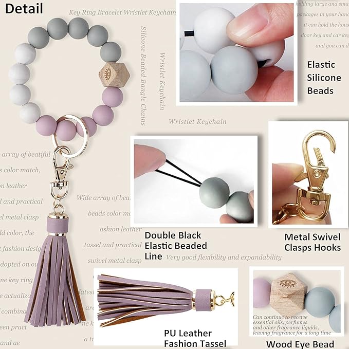 BIHRTC Key Ring Bracelet Car Keychain Holder Wristlet Silicone Women Beaded Bangle Chains