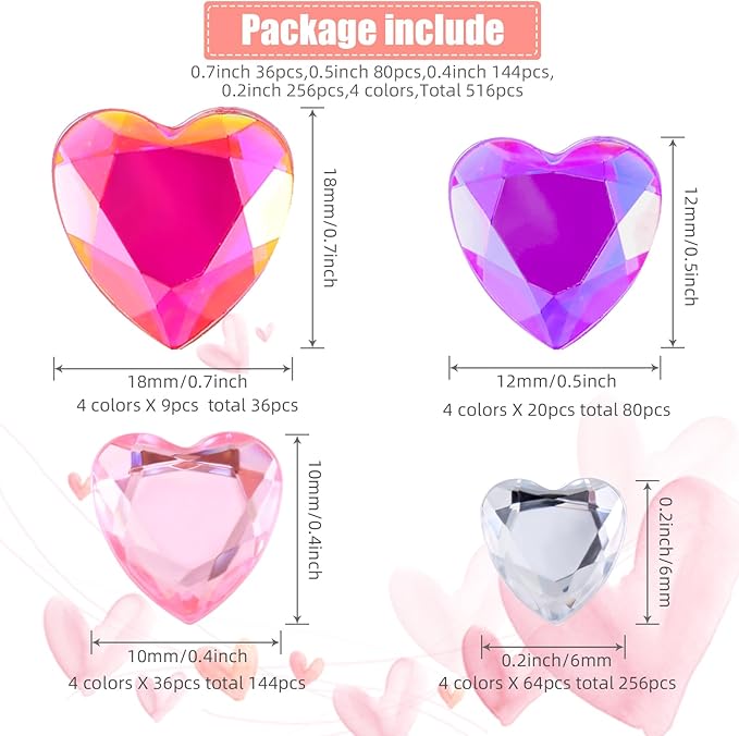 Chuangdi 516 Pcs Acrylic Rhinestone Crystal Gems Rhinestone Flat Back 18mm/12mm/10mm/6mm for Valentine's Day Wedding Decoration DIY Clothes Shoes Jewelry Making Crafts(Light Color,Heart)