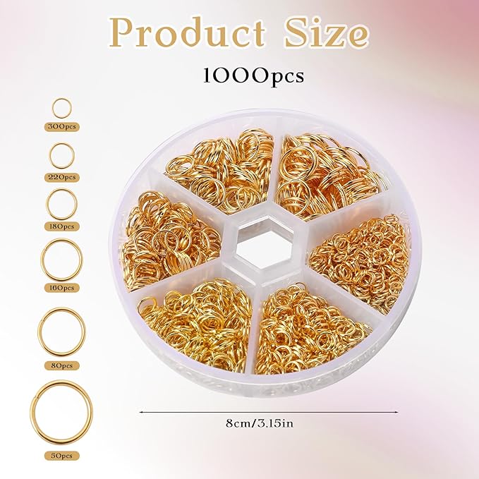 1000pcs Open Jump Rings, Metal O-Ring Plated Round Ring Connectors 6 Sizes Gold Open Jump Rings for Choker Necklace Keychains Bracelet Chain, DIY Making Jewelry Making Findings and Repair