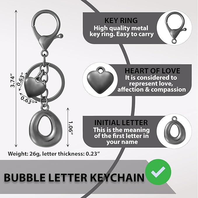 Heart Bubble Letter Keychain for Women, Girls - Cute Keychain with Initial - Alphabet Keychain for Bag Charm, Handbag
